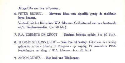 Vermelding van nooit uitgegeven titel in de catalogus van de Mouette Press. Zie de correspondentie met Wim Meeuws.