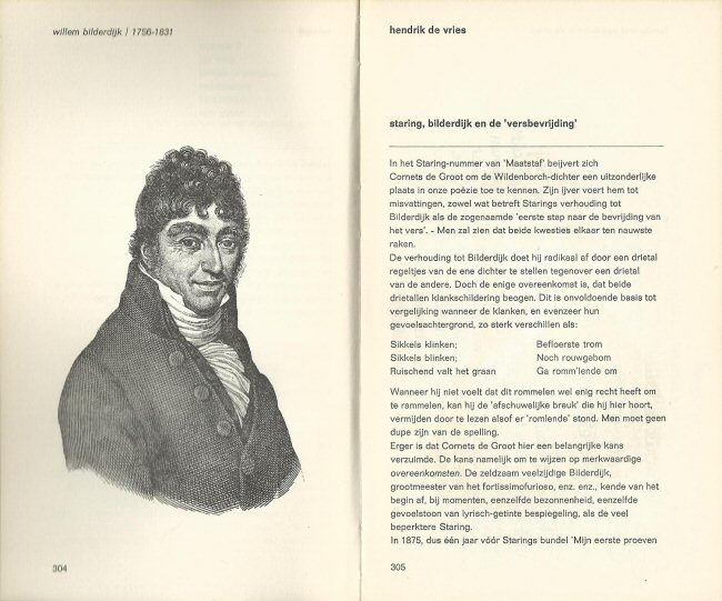 Portret van Bilderdijk bij de eerste pagina van De Vries' artikel in 'Maatstaf'.