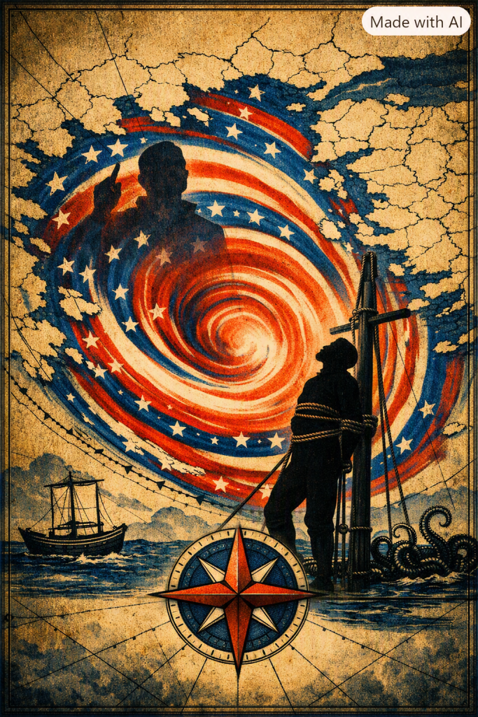 Silhouet van Odysseus vastgebonden aan de mast, kijkend naar een vortex in de vorm van de Amerikaanse vlag met een schaduwfiguur erin, geplaatst op een antieke kaart van Griekenland met route‑lijnen, een Grieks schip en een zeeserpent; symbolische illustratie over Odysseus, Trump, MAGA en de politiek van ontregeling.