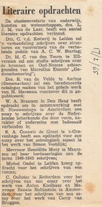 Overzicht uit krant van verstrekte literaire opdrachten