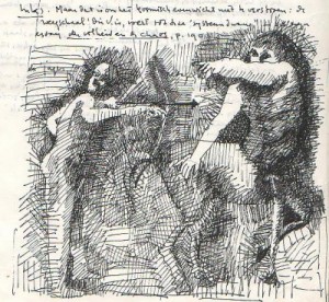 Pentekening door Cornets de de Groot van Aktaion en Cheiron.