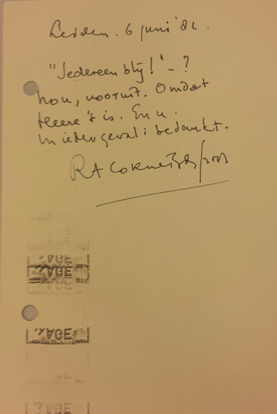 Briefkaart aan de Bibliotheca Erotica en Curiosa, tav Peter v.d. Velden.
