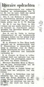 Krantenbericht met overzicht literaire opdrachten, waaronder die aan Cornets de Groot