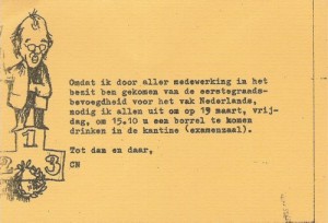 Uitnodigingskaartje voor borrel tgv toekenning eerstegraadsbevoegdheid